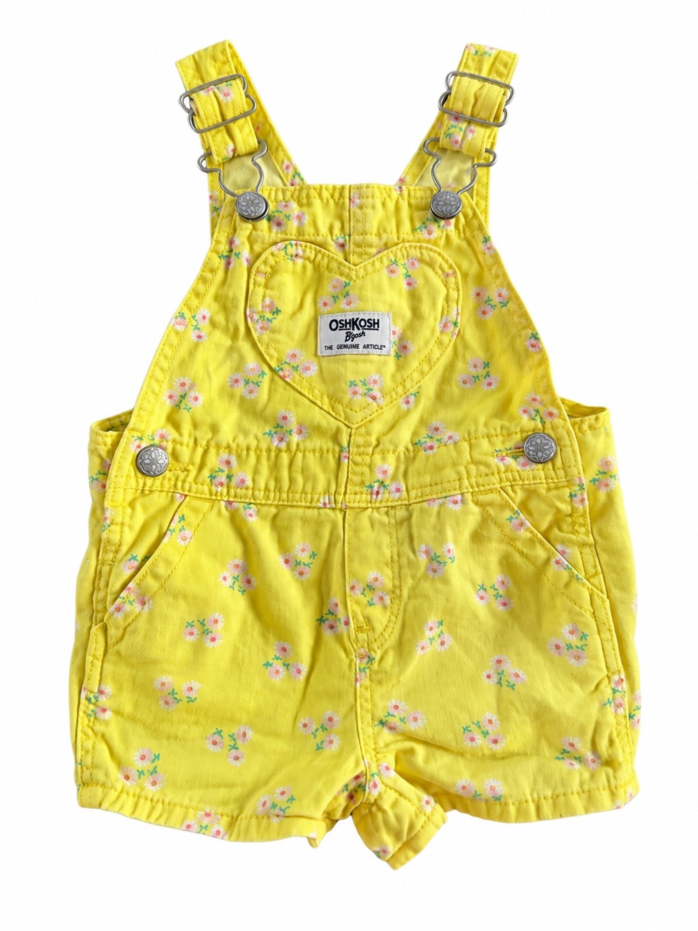 OshKosh B’gosh Baby 12M Yellow Floral Heart Bib Shortalls Overalls